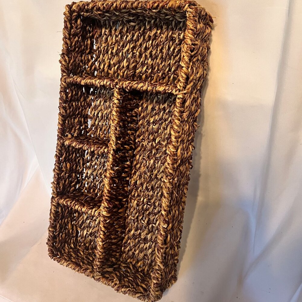 Vintage Seagrass Tray W/Compartments-Woven Basket-14"x 7"x2 1/2"-Brown/Tan